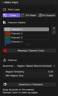 The MMU Paint Suite panel in Blender, showing the filament list and layer buttons.